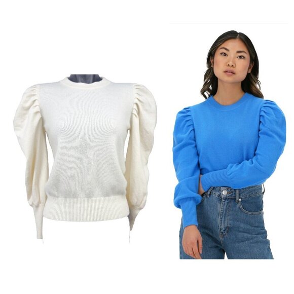 SUNCOO SÉRIES Cream Crewneck Wool Puff Sleeves Ribbed Waist & Cuff Spring Pull S - Picture 1 of 9